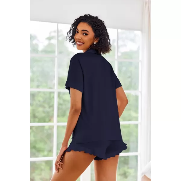 imageEkouaer Pajamas Set for Women Short Sleeve Sleepwear Button Down Pjs Lounge Sets Soft NightwearNavy Blue