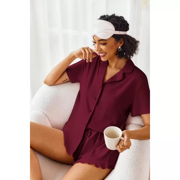 imageEkouaer Pajamas Set for Women Short Sleeve Sleepwear Button Down Pjs Lounge Sets Soft NightwearWine Red