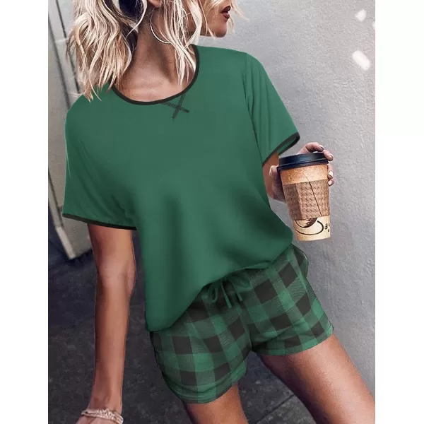 imageEkouaer Women Pajama Set Casual Short SetBlack and Green Plaid