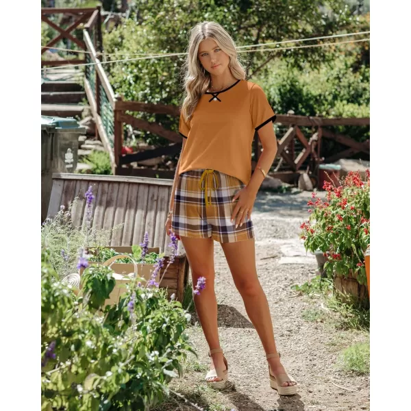 imageEkouaer Women Pajama Set Casual Short SetBrown Plaid