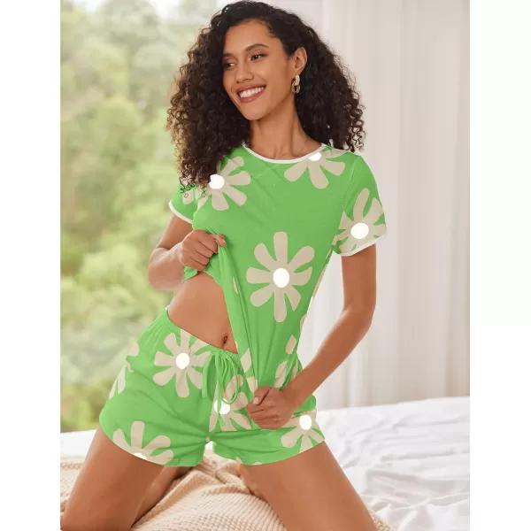 imageEkouaer Women Pajama Set Casual Short SetGreen and White Flowers