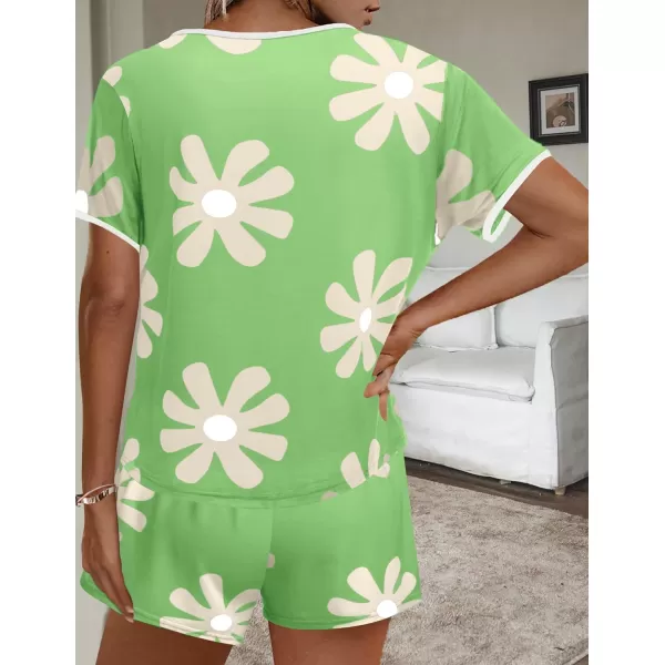 imageEkouaer Women Pajama Set Casual Short SetGreen and White Flowers