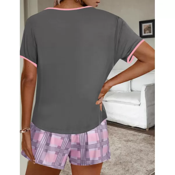 imageEkouaer Women Pajama Set Casual Short SetGrey and Pink Plaid
