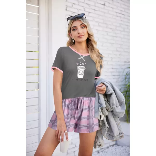 imageEkouaer Women Pajama Set Casual Short SetGrey and Pink Plaid
