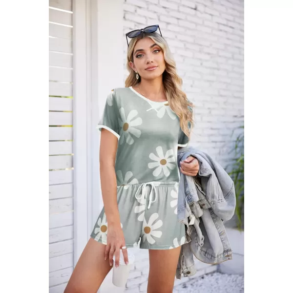 imageEkouaer Women Pajama Set Casual Short SetGrey and White Flowers