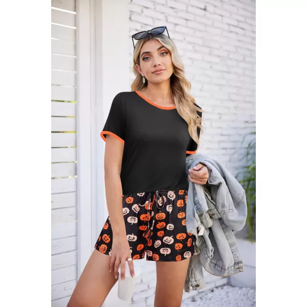 imageEkouaer Women Pajama Set Casual Short SetHelloween Pumpkin Print