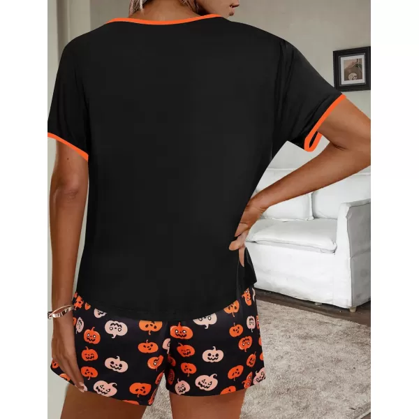 imageEkouaer Women Pajama Set Casual Short SetHelloween Pumpkin Print