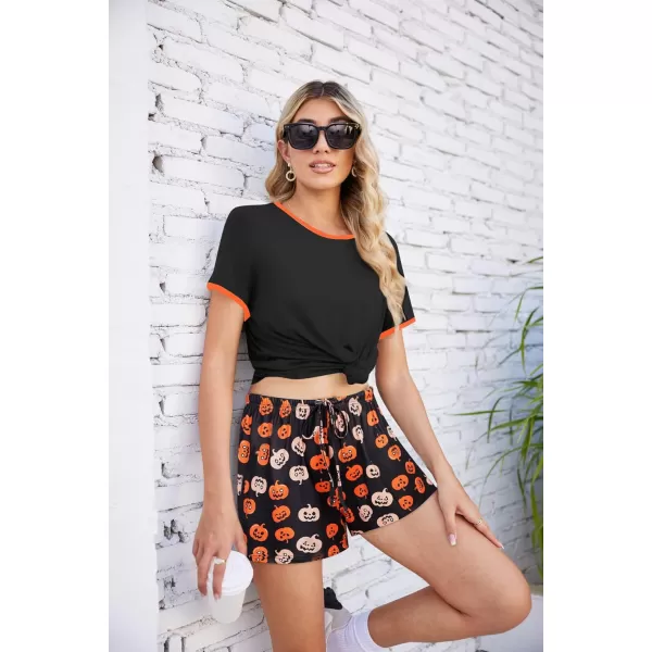 imageEkouaer Women Pajama Set Casual Short SetHelloween Pumpkin Print