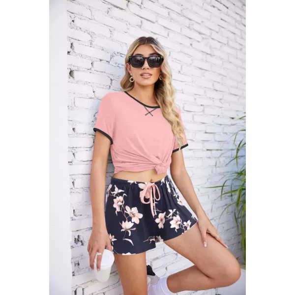 imageEkouaer Women Pajama Set Casual Short SetPink and Blue Flower