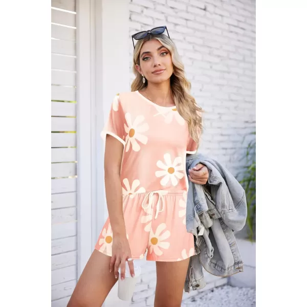 imageEkouaer Women Pajama Set Casual Short SetPink and White Flowers