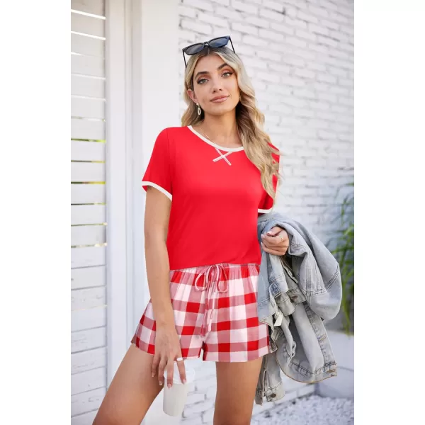 imageEkouaer Women Pajama Set Casual Short SetRed and White Plaid