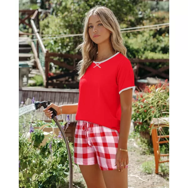 imageEkouaer Women Pajama Set Casual Short SetRed and White Plaid