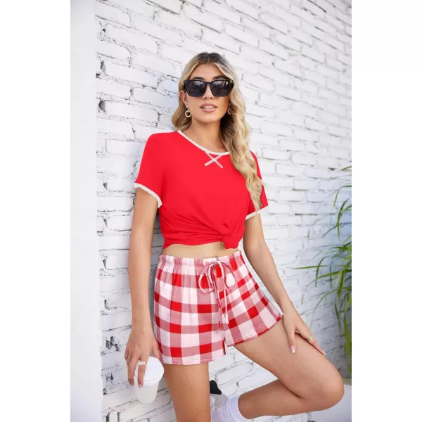 imageEkouaer Women Pajama Set Casual Short SetRed and White Plaid