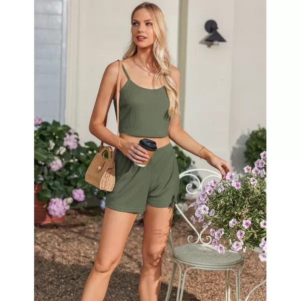 imageEkouaer Womens 3 Piece Waffle Knit Lounge Set Soft Pajama Sets Tank Top and Shorts Cardigan with Pockets SXXLArmy Green