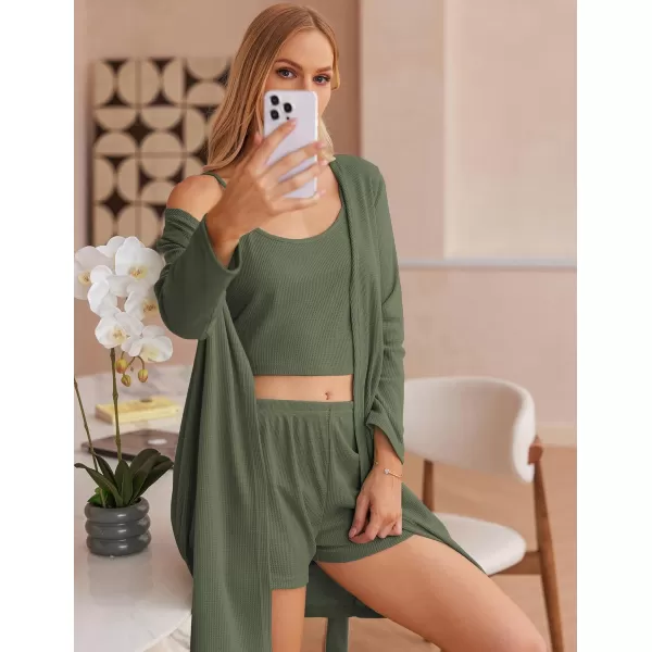 imageEkouaer Womens 3 Piece Waffle Knit Lounge Set Soft Pajama Sets Tank Top and Shorts Cardigan with Pockets SXXLArmy Green