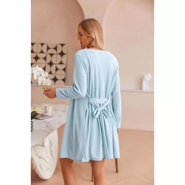 imageEkouaer Womens 3 Piece Waffle Knit Lounge Set Soft Pajama Sets Tank Top and Shorts Cardigan with Pockets SXXLLight Blue