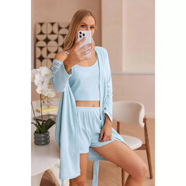 imageEkouaer Womens 3 Piece Waffle Knit Lounge Set Soft Pajama Sets Tank Top and Shorts Cardigan with Pockets SXXLLight Blue