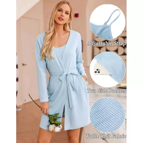 imageEkouaer Womens 3 Piece Waffle Knit Lounge Set Soft Pajama Sets Tank Top and Shorts Cardigan with Pockets SXXLLight Blue