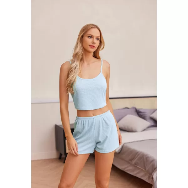 imageEkouaer Womens 3 Piece Waffle Knit Lounge Set Soft Pajama Sets Tank Top and Shorts Cardigan with Pockets SXXLLight Blue