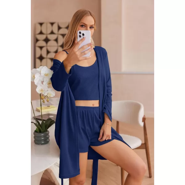 imageEkouaer Womens 3 Piece Waffle Knit Lounge Set Soft Pajama Sets Tank Top and Shorts Cardigan with Pockets SXXLNavy Blue