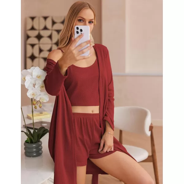 imageEkouaer Womens 3 Piece Waffle Knit Lounge Set Soft Pajama Sets Tank Top and Shorts Cardigan with Pockets SXXLWine Red