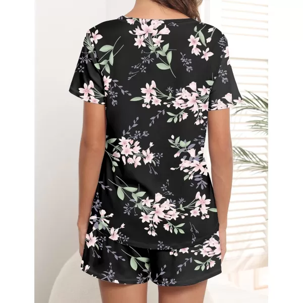 imageEkouaer Womens Pajamas Sets Short Sleeve Lounge Sets Sleepwear Casual Two Piece Pjs With PocketsBlack Floral