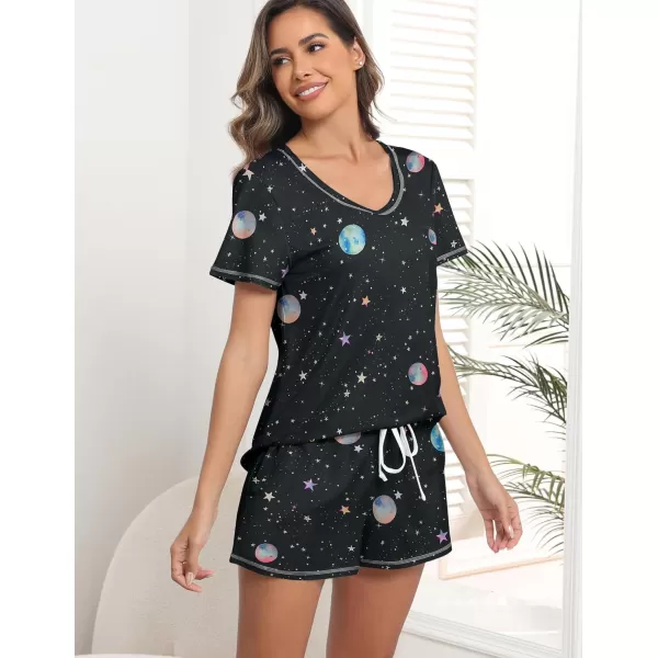 imageEkouaer Womens Pajamas Sets Short Sleeve Lounge Sets Sleepwear Casual Two Piece Pjs With PocketsBlack Moon