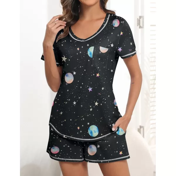 imageEkouaer Womens Pajamas Sets Short Sleeve Lounge Sets Sleepwear Casual Two Piece Pjs With PocketsBlack Moon