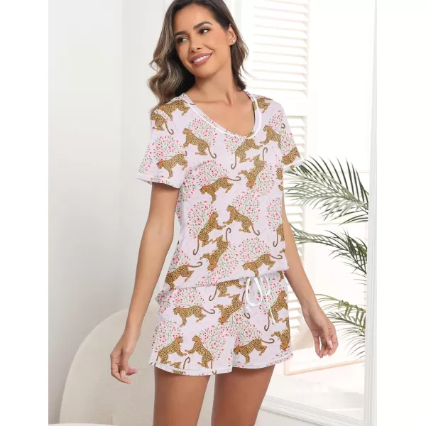 imageEkouaer Womens Pajamas Sets Short Sleeve Lounge Sets Sleepwear Casual Two Piece Pjs With PocketsBrown Leopard