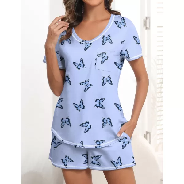 imageEkouaer Womens Pajamas Sets Short Sleeve Lounge Sets Sleepwear Casual Two Piece Pjs With PocketsButterfly Light Purple