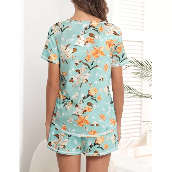 imageEkouaer Womens Pajamas Sets Short Sleeve Lounge Sets Sleepwear Casual Two Piece Pjs With PocketsGreen Floral