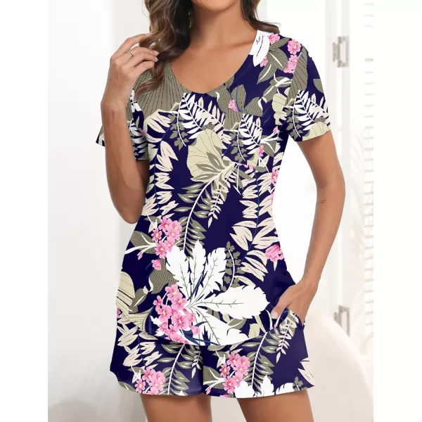 imageEkouaer Womens Pajamas Sets Short Sleeve Lounge Sets Sleepwear Casual Two Piece Pjs With PocketsKhaki Leaf