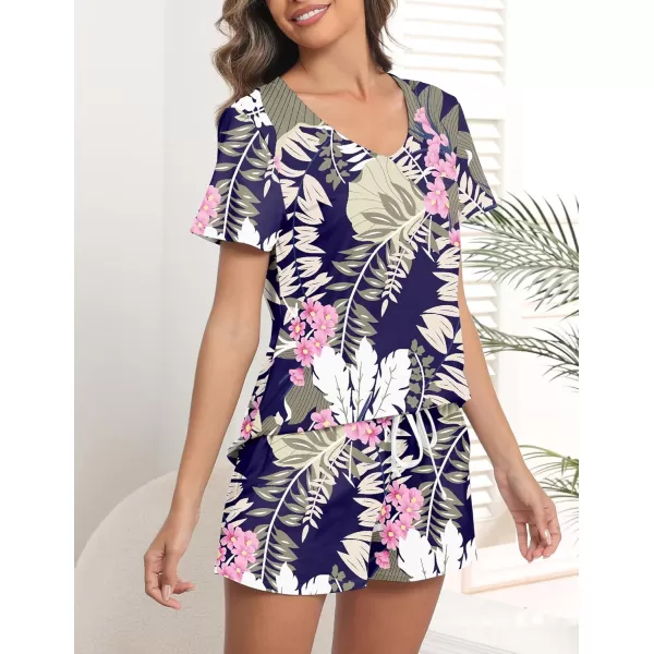 imageEkouaer Womens Pajamas Sets Short Sleeve Lounge Sets Sleepwear Casual Two Piece Pjs With PocketsKhaki Leaf
