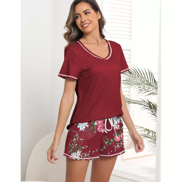 imageEkouaer Womens Pajamas Sets Short Sleeve Lounge Sets Sleepwear Casual Two Piece Pjs With PocketsRed Floral