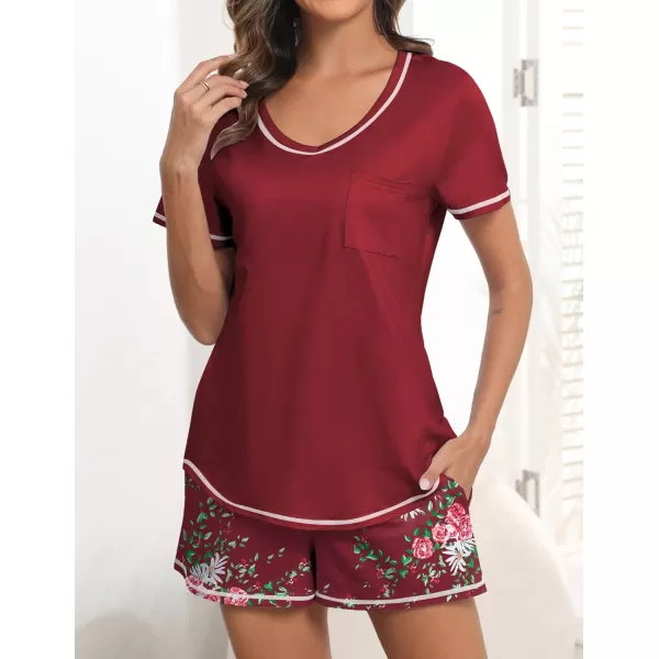 imageEkouaer Womens Pajamas Sets Short Sleeve Lounge Sets Sleepwear Casual Two Piece Pjs With PocketsRed Floral
