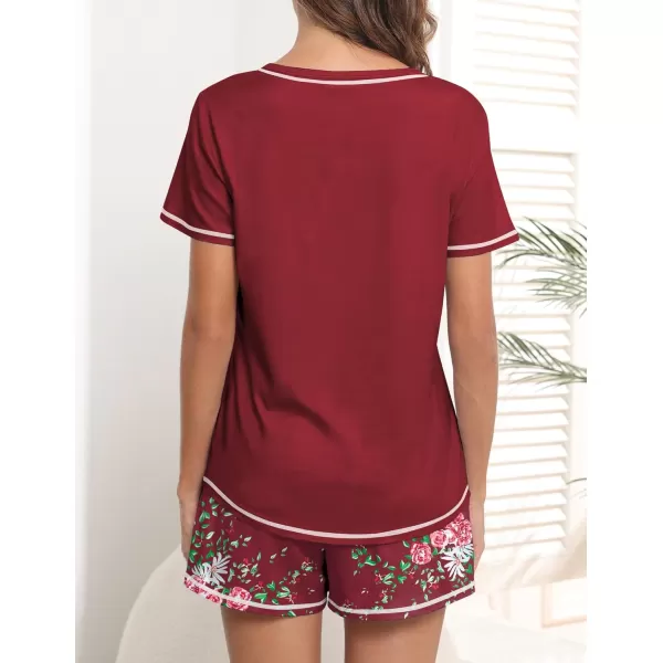 imageEkouaer Womens Pajamas Sets Short Sleeve Lounge Sets Sleepwear Casual Two Piece Pjs With PocketsRed Floral