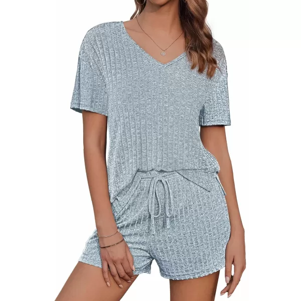 imageEkouaer Womens Ribbed Knit Lounge Set Short Sleeve Top and Shorts Sleepwear Pajama Set Two Piece Shorts Outfits SetBlue