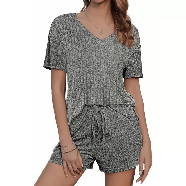 imageEkouaer Womens Ribbed Knit Lounge Set Short Sleeve Top and Shorts Sleepwear Pajama Set Two Piece Shorts Outfits SetGray