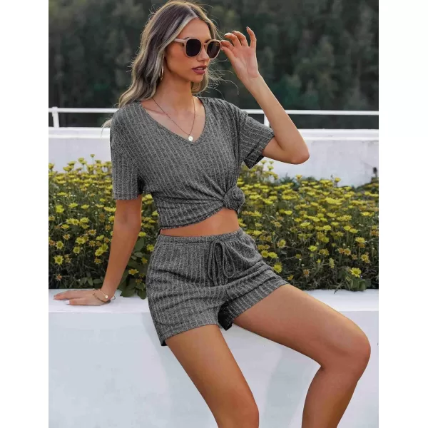 imageEkouaer Womens Ribbed Knit Lounge Set Short Sleeve Top and Shorts Sleepwear Pajama Set Two Piece Shorts Outfits SetGray