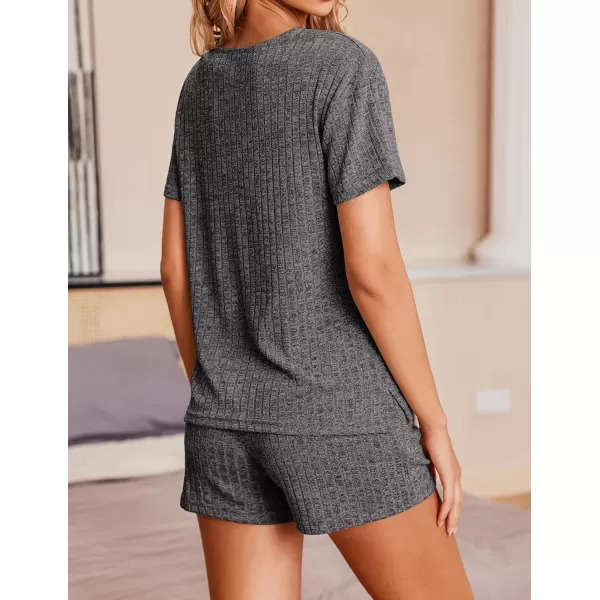 imageEkouaer Womens Ribbed Knit Lounge Set Short Sleeve Top and Shorts Sleepwear Pajama Set Two Piece Shorts Outfits SetGray