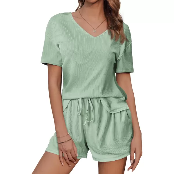 imageEkouaer Womens Ribbed Knit Lounge Set Short Sleeve Top and Shorts Sleepwear Pajama Set Two Piece Shorts Outfits SetGreen