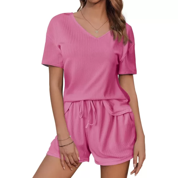 imageEkouaer Womens Ribbed Knit Lounge Set Short Sleeve Top and Shorts Sleepwear Pajama Set Two Piece Shorts Outfits SetHot Pink