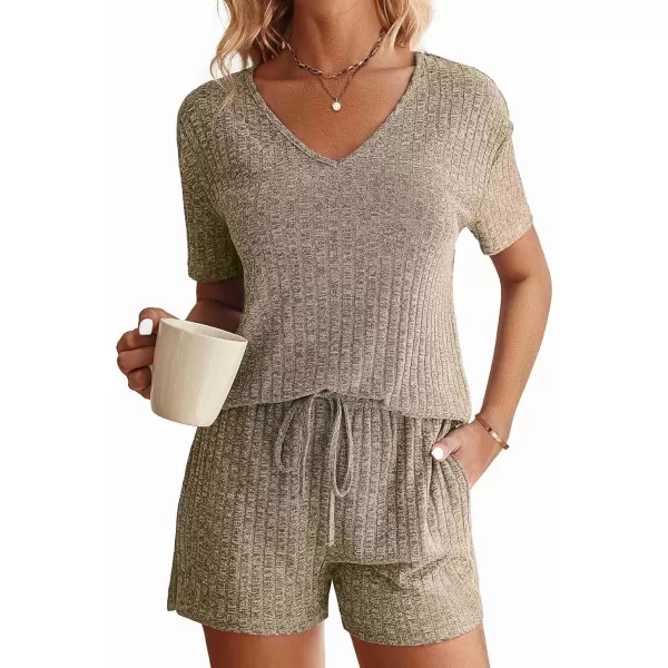 imageEkouaer Womens Ribbed Knit Lounge Set Short Sleeve Top and Shorts Sleepwear Pajama Set Two Piece Shorts Outfits SetKhaki