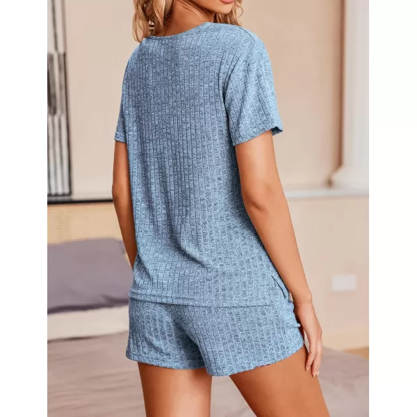 imageEkouaer Womens Ribbed Knit Lounge Set Short Sleeve Top and Shorts Sleepwear Pajama Set Two Piece Shorts Outfits SetLake Blue