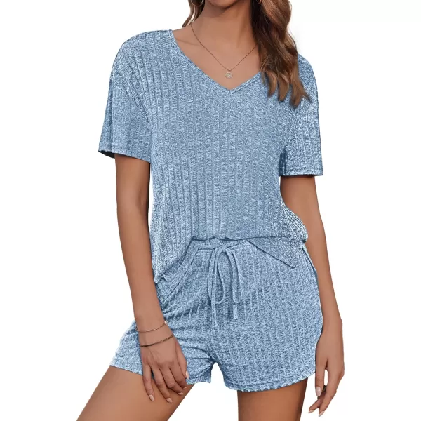 imageEkouaer Womens Ribbed Knit Lounge Set Short Sleeve Top and Shorts Sleepwear Pajama Set Two Piece Shorts Outfits SetLake Blue