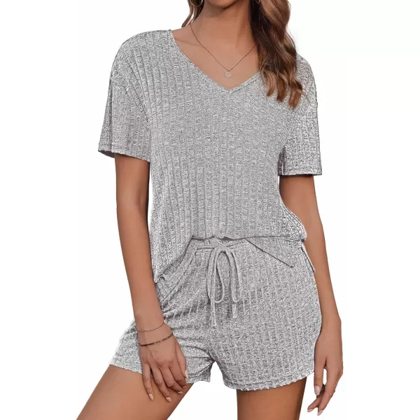 imageEkouaer Womens Ribbed Knit Lounge Set Short Sleeve Top and Shorts Sleepwear Pajama Set Two Piece Shorts Outfits SetLight Gray