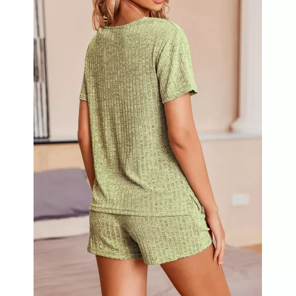 imageEkouaer Womens Ribbed Knit Lounge Set Short Sleeve Top and Shorts Sleepwear Pajama Set Two Piece Shorts Outfits SetMoss Green
