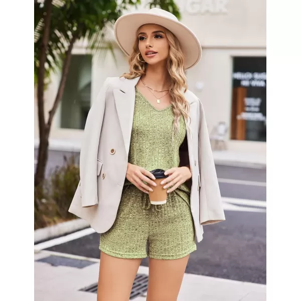 imageEkouaer Womens Ribbed Knit Lounge Set Short Sleeve Top and Shorts Sleepwear Pajama Set Two Piece Shorts Outfits SetMoss Green