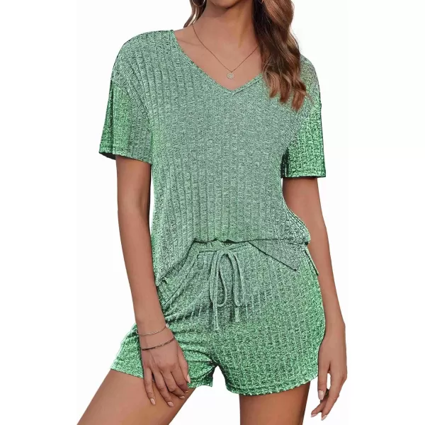 imageEkouaer Womens Ribbed Knit Lounge Set Short Sleeve Top and Shorts Sleepwear Pajama Set Two Piece Shorts Outfits SetParis Green