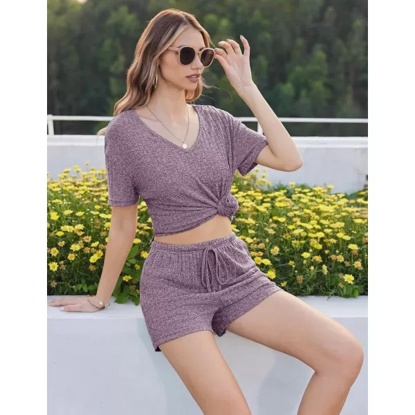 imageEkouaer Womens Ribbed Knit Lounge Set Short Sleeve Top and Shorts Sleepwear Pajama Set Two Piece Shorts Outfits SetPurple